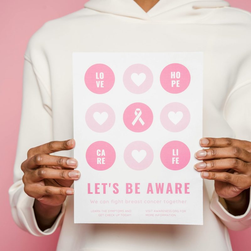 pexels-photo-6303696-6303696 Poster advocating breast cancer awareness with positive messages and symbols.